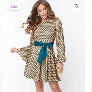 Unique Vintage Blue/Green & Gold Deco Motif Print Flare Dress- Size 3X (20)- NWT